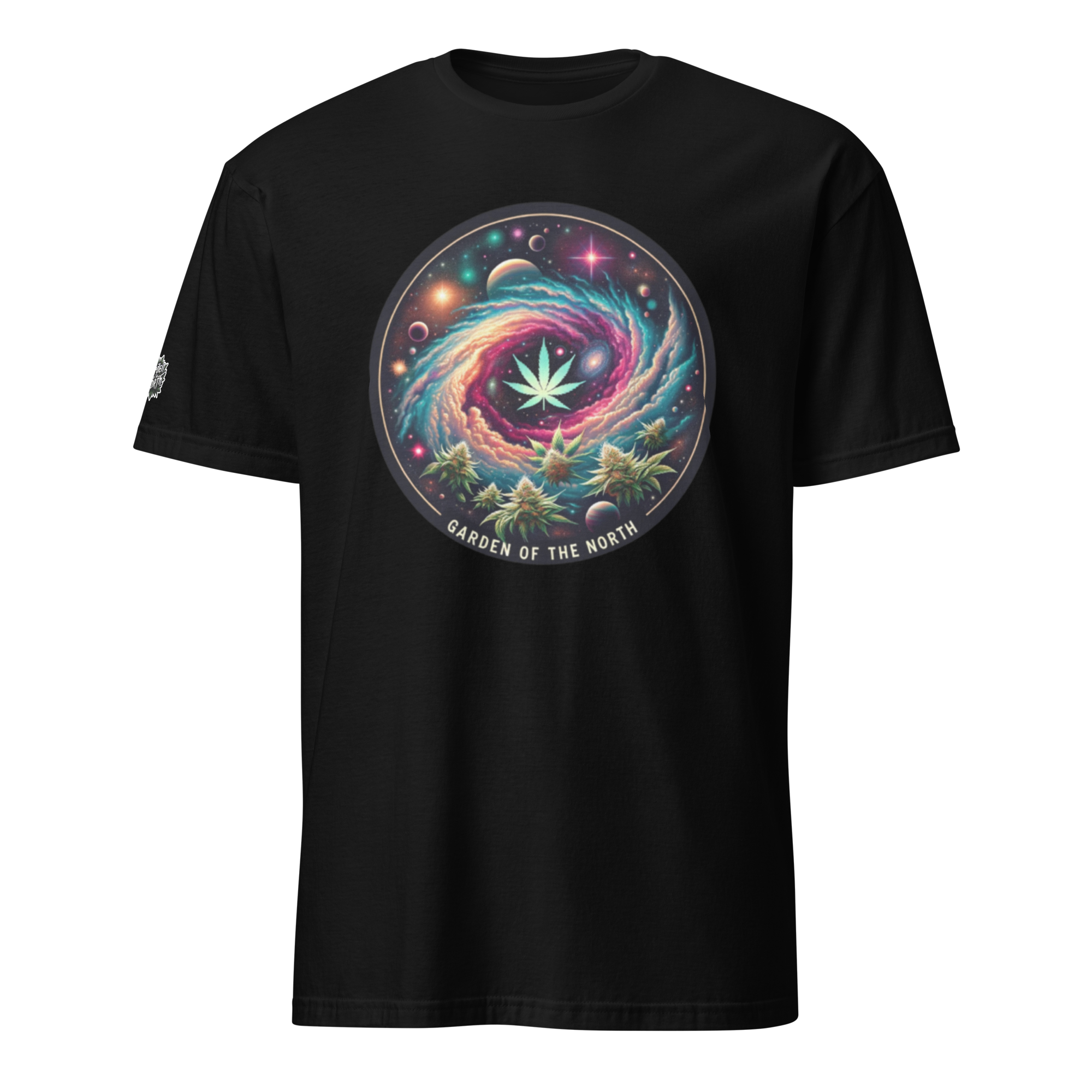Cosmic Cannabis t-shirt by Garden of the North, black shirt with galaxy-inspired cannabis design