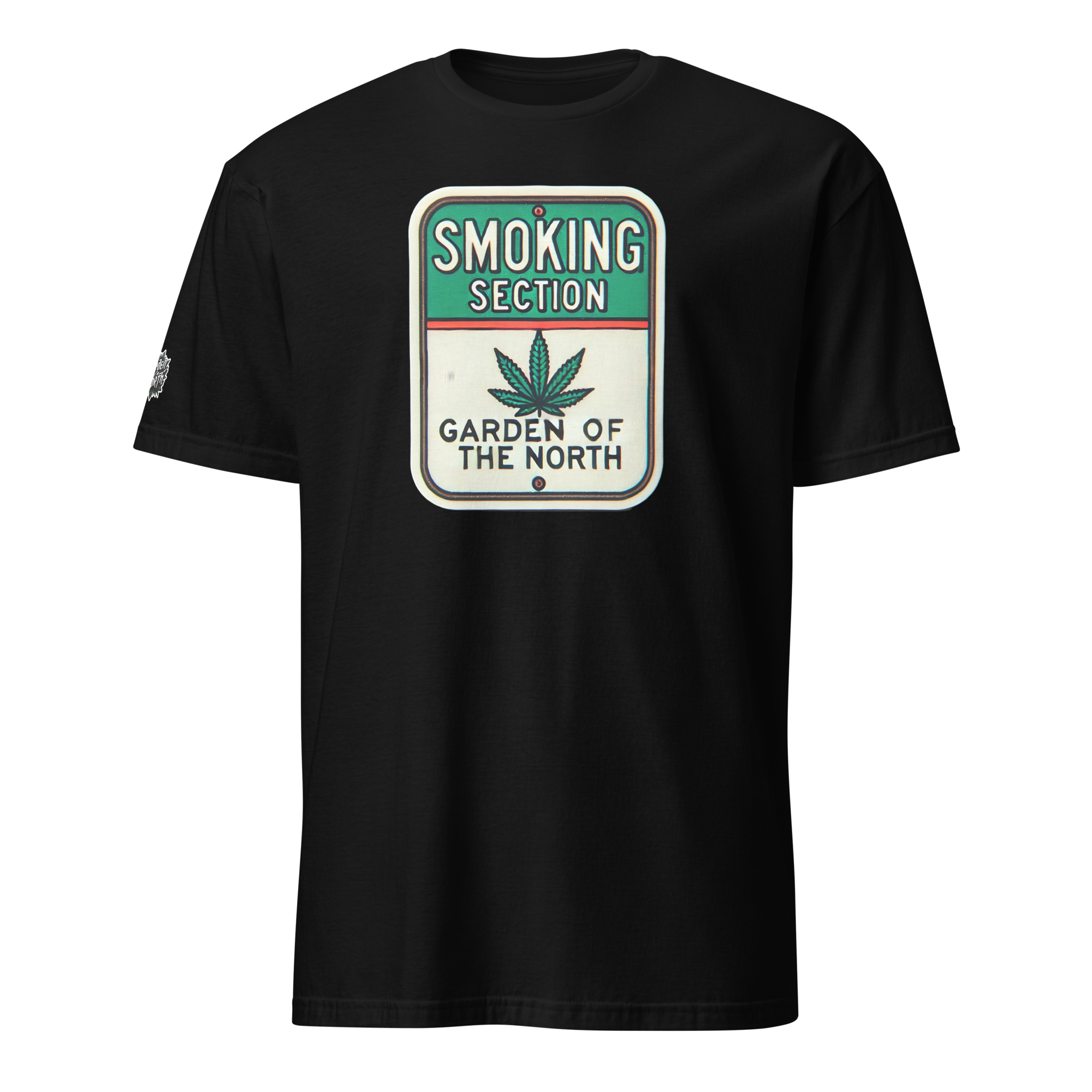 Smoking Section t-shirt by Garden of the North, black shirt with white sign-style cannabis design