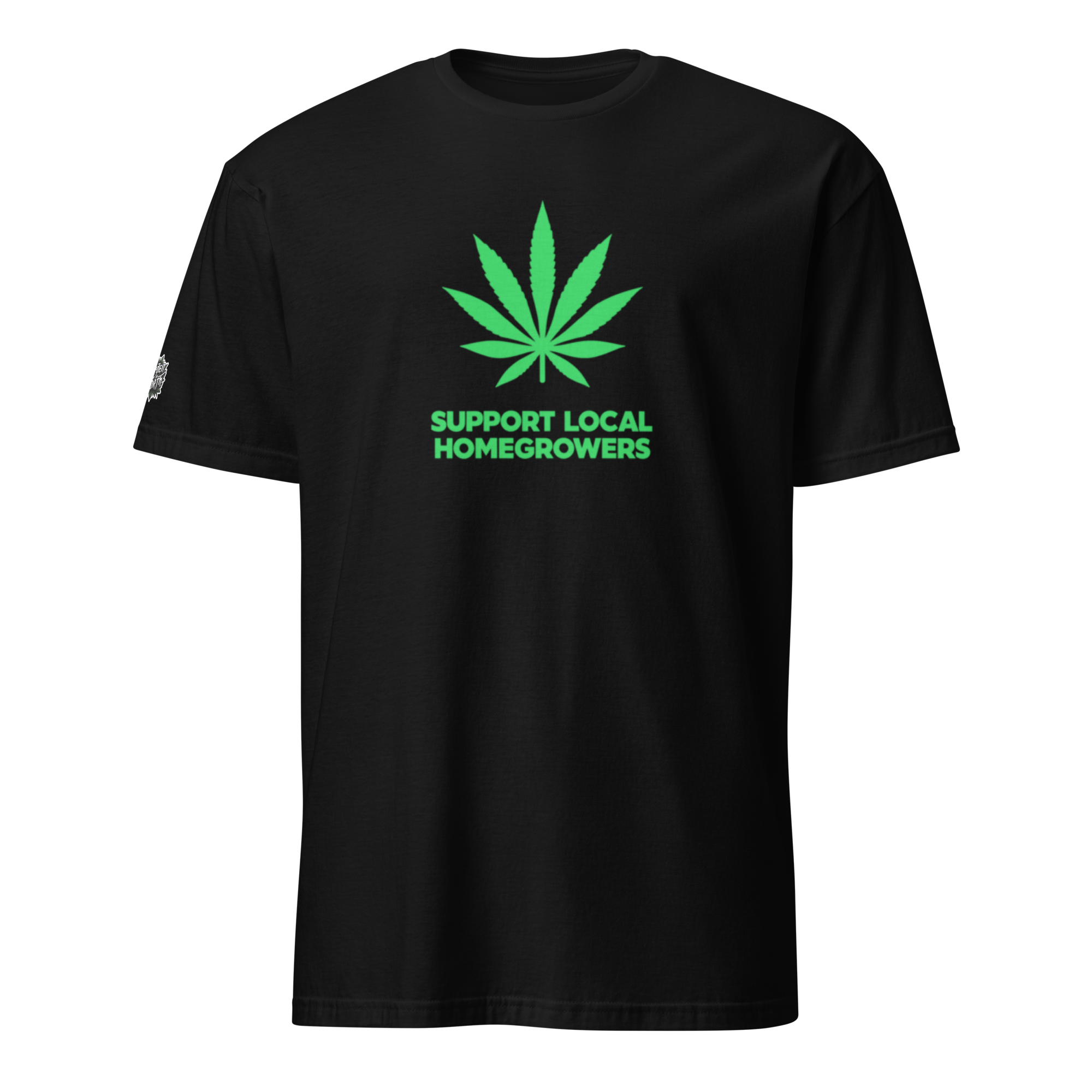 Black t-shirt with green "Support Local Home Growers" logo by Garden of the North