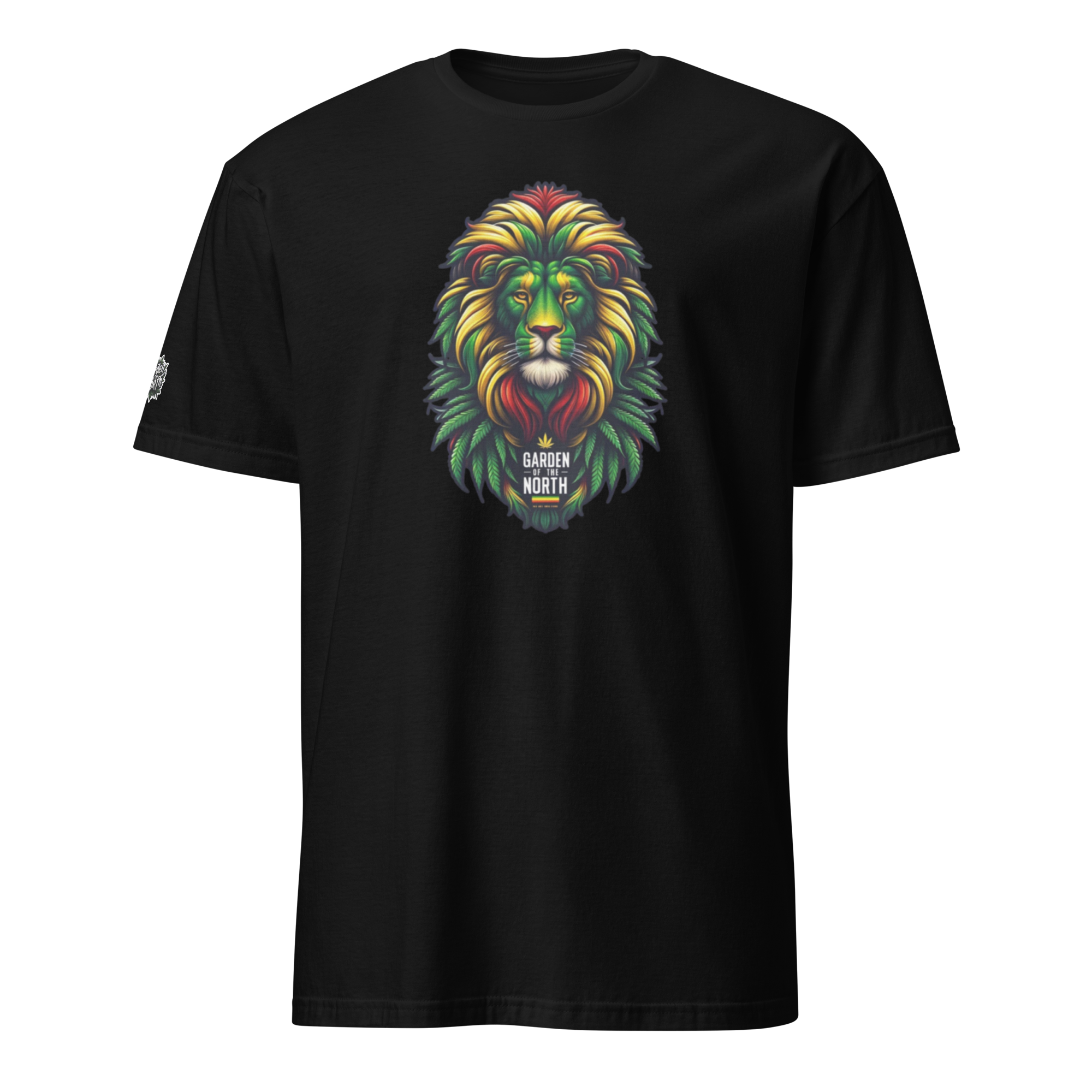 Rasta Lion cannabis culture t-shirt by Garden of the North, black shirt with bold lion design