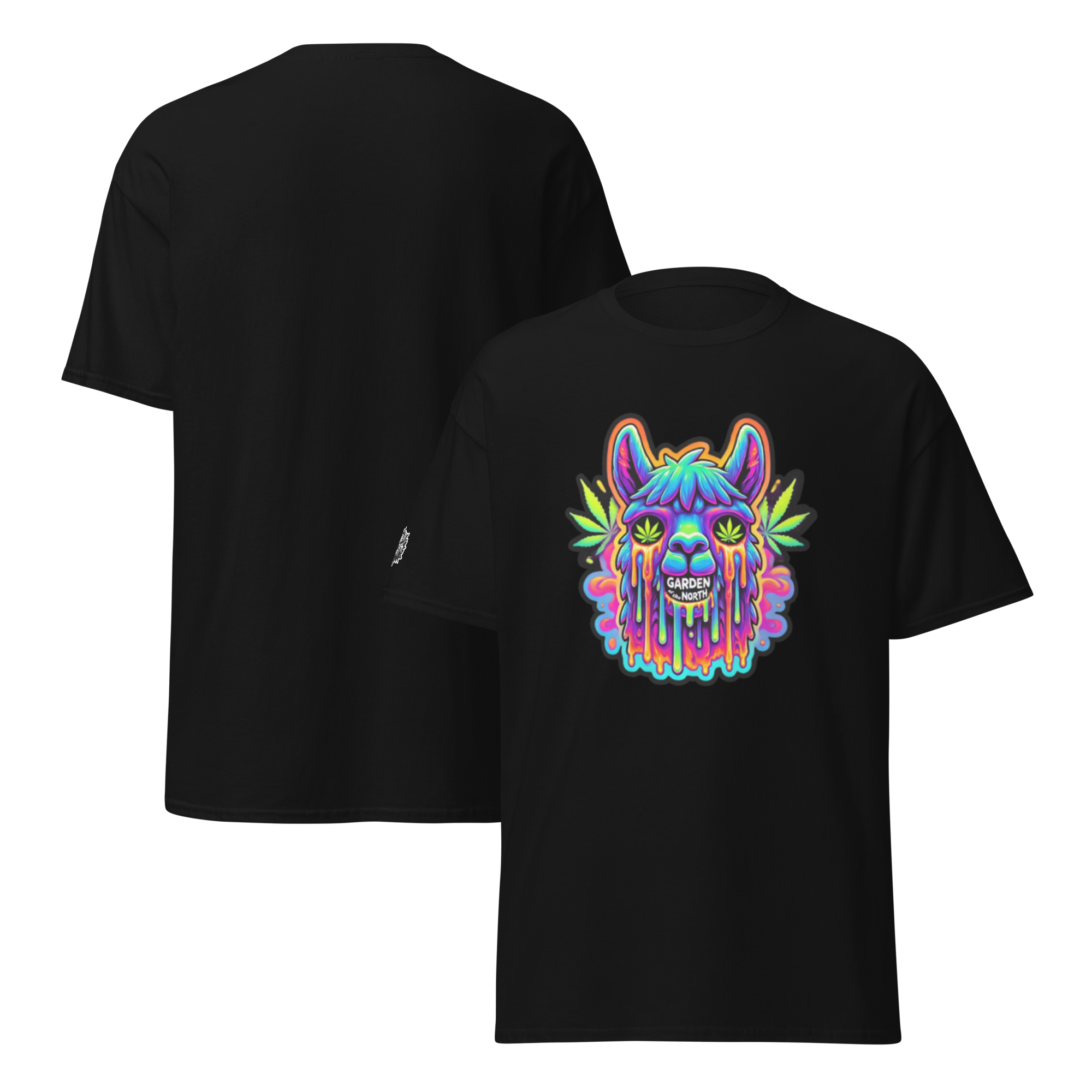 Drippy Llama t-shirt by Garden of the North, black shirt with psychedelic melting llama design
