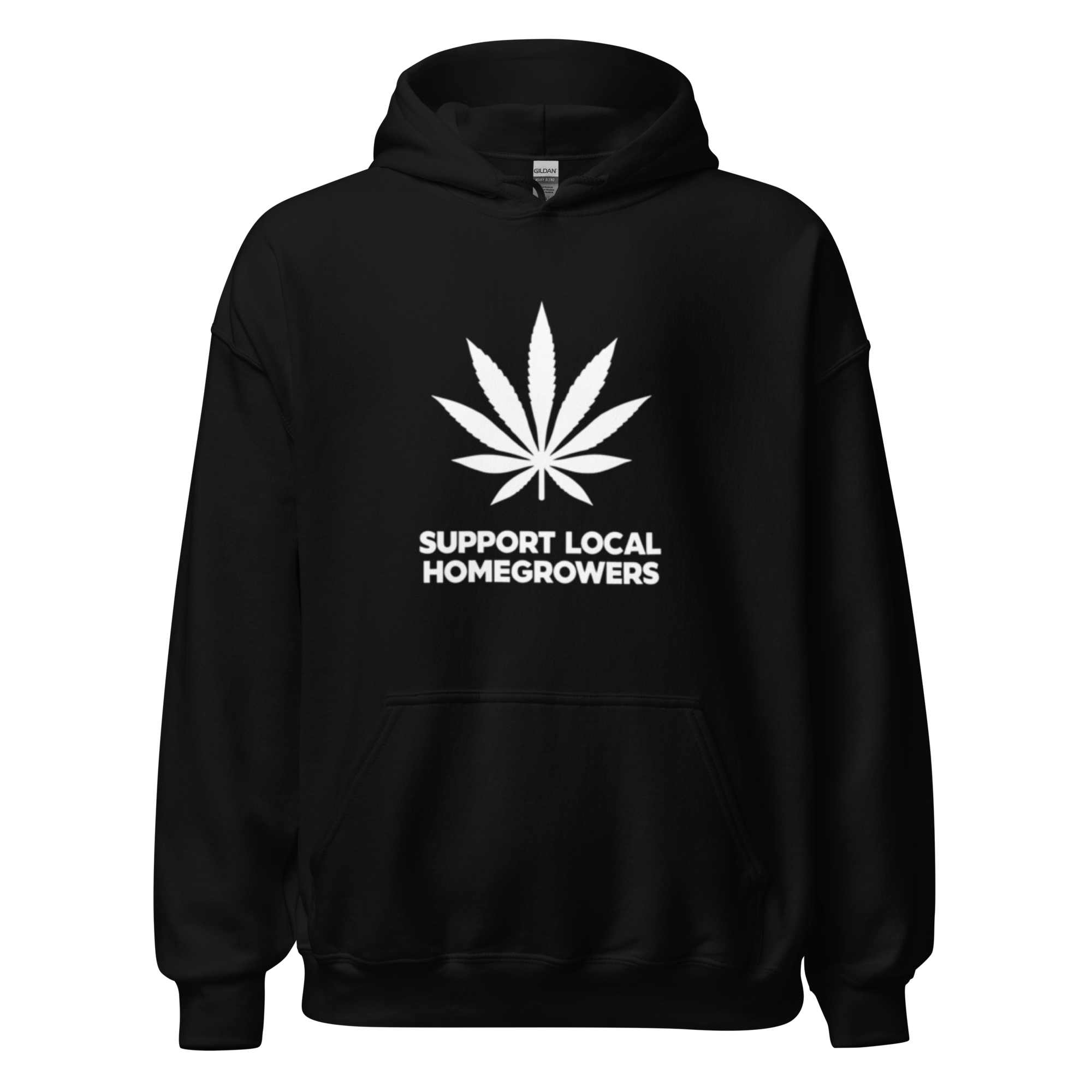 Black hoodie with “Support Local Home Growers” text by Garden of the North