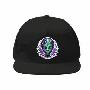 Black snapback hat with a female alien and cosmic cannabis leaf vinyl graphic