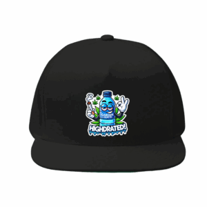 Black snapback hat with a “Highdrated!” water bottle character and cannabis-themed vinyl graphic