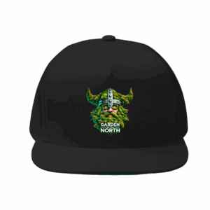 Black snapback hat with a Viking face made of cannabis buds and Garden of the North text in vinyl