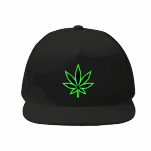 Black snapback hat with a neon green cannabis leaf vinyl graphic on the front