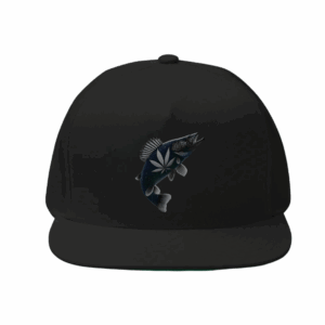 Black snapback hat featuring a walleye fish with a cannabis leaf graphic on the front